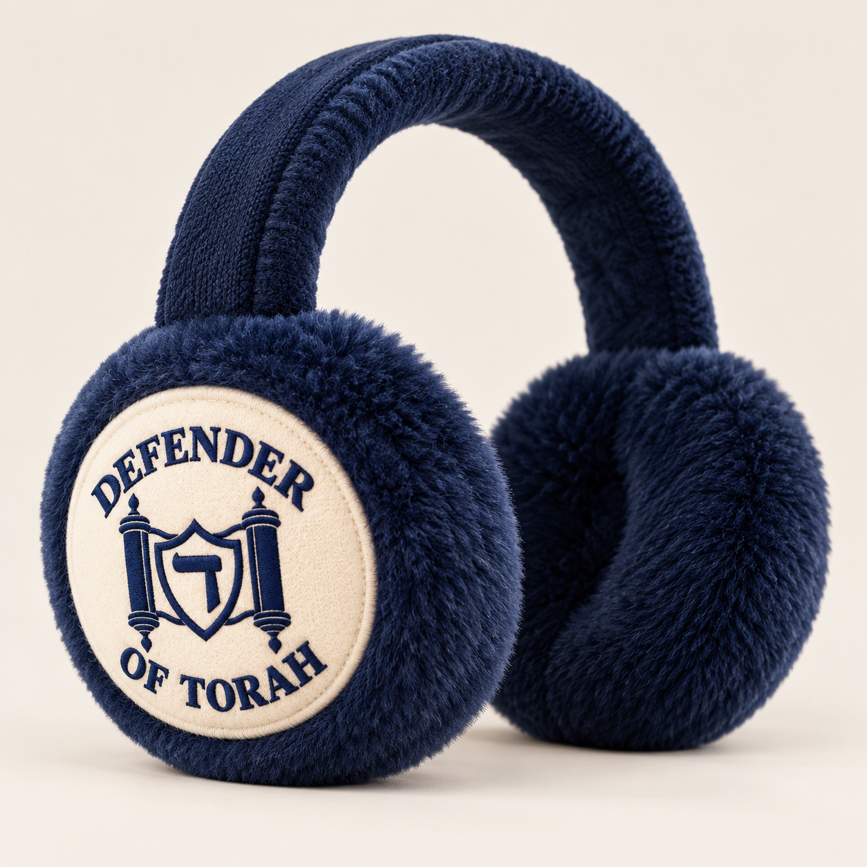 The Winter Earmuffs design preview in navy / cream, with the full Defender of Torah logo