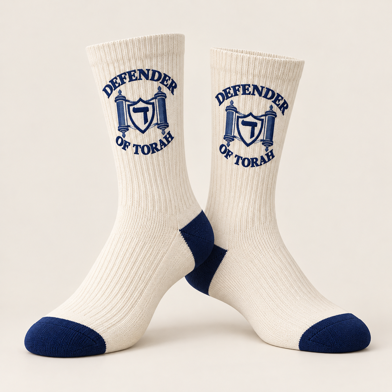 The Signature Crew Socks design preview in cream / navy, with the full Defender of Torah logo